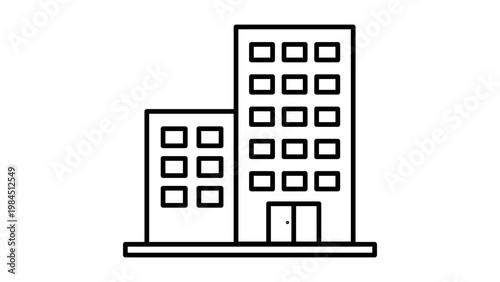 Minimalist black line vector icon of a multistory office building or apartment complex on a white background, scalable outline illustration for business, architecture, and urban design projects.