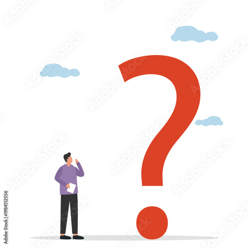 Big question mark or big problem to solve or finding solution, doubt or uncertainty, thinking to make a decision, difficult question concept, young man thinking while looking at a big question mark. v