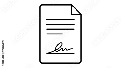 Minimalist black line vector icon of a signed contract document on a white background. This hand-drawn style illustration represents a legal agreement, business form, or official paper.