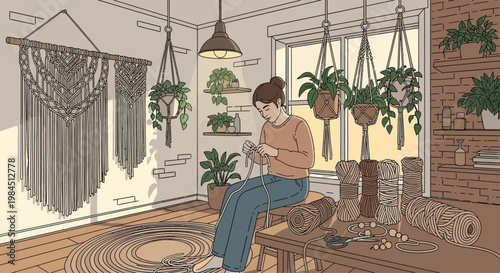 Woman focused on macrame craft in cozy room.