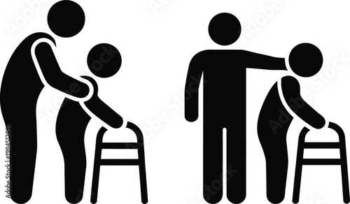Assistance icons showing caregivers helping individuals with walkers