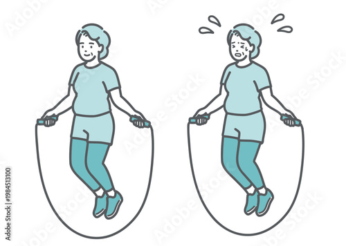 縄跳びをするぽっちゃりシニア女性の比較セットイラスト