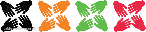 Four colorful handprints arranged in an x-shape symbolizing unity and diversity