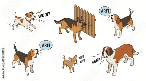 Colorful barking dog vector illustrations featuring various cute breeds making sounds with speech bubbles, ideal for animal behavior, pet training, and veterinary graphic design