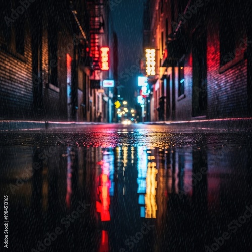 Neon Alleyway Reflection - A Rainy Night.