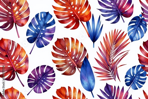 A pattern of colorful tropical leaves on a white background