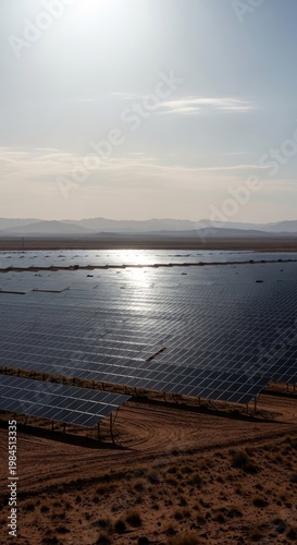 Solar Panel Array Reflecting Sunlight on Water.