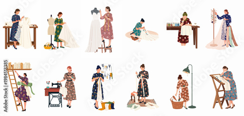 Flat illustration set of female dressmakers, seamstresses, and tailors working on various sewing, embroidery, and fashion design tasks in their studios.