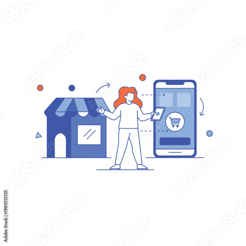 Woman connecting physical store to online shopping via smartphone.