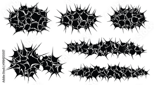 Set of black thorn shapes, vector illustration of spiky abstract elements, aggressive grunge design assets