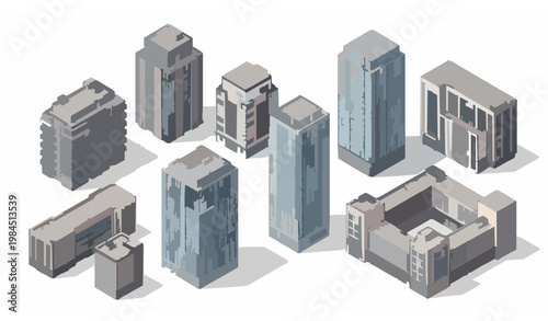 Isometric modern city apartment complex buildings vector set for real estate development and urban planning concept illustration
