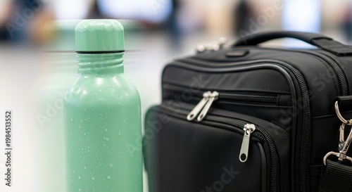 Water bottle and black bag at airport.