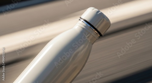 White insulated water bottle on a wooden surface.