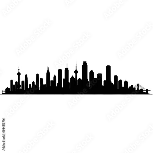 Detailed Silhouette of a City Skyline Against White Background.
