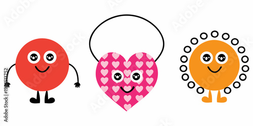 Three cute cartoon characters a red oval pink heart and orange circle