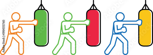 Illustrations of people practicing different boxing punches on punching bags