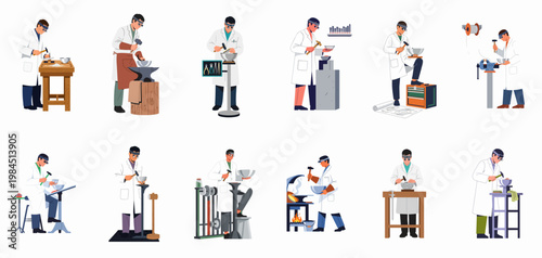 A set of illustrations depicting a craftsman in a lab coat using various tools and equipment for metalworking in a workshop environment.
