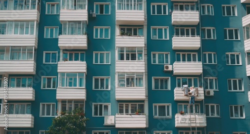 Teal apartment building with white balconies. Workers on a balcony