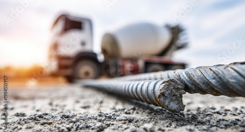 Rebar embedded in fresh concrete, cement truck in background