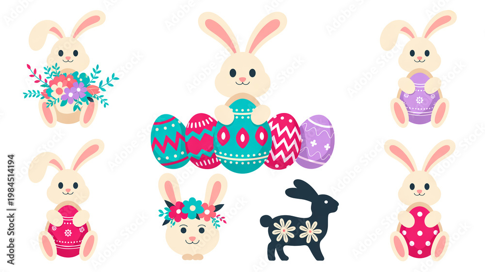 Obraz premium A set of Easter-themed illustrations arranged in a 3x3 grid on a white background.