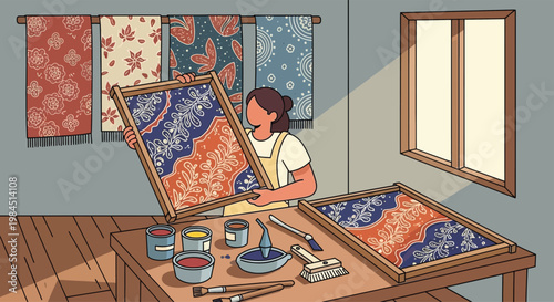 Woman artist holding artwork in studio.