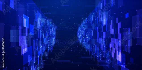 Tunnel with neon planes, cyber matrix walls with blue light glowing blocks, abstract techno digital vector background