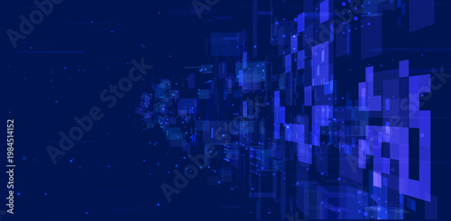 Tunnel with neon planes, cyber matrix infinite wall, blue light glowing block, abstract techno digital vector background