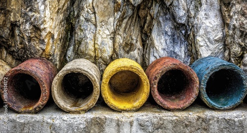 Colorful cylindrical pipes against a textured stone wall
