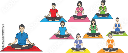 Set of People Practicing Yoga and Meditation in Different Poses for Wellness, Fitness, and Health Themes