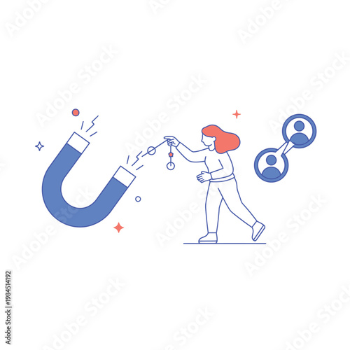 Woman Attracting People with Giant Magnet.