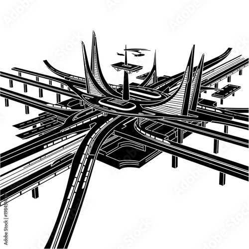 Futuristic Highway Interchange Design with Elevated Roads and Central Hub.