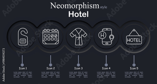 Hotel set icon. Neomorphic circular interface line icons with door hanger tag, calendar schedule grid, bathrobe clothing garment, smartphone hotel location marker, hanging hotel