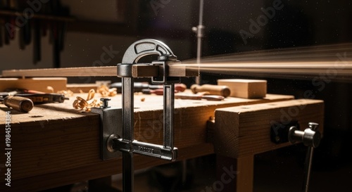 Woodworking Bench with Clamp and Tools.