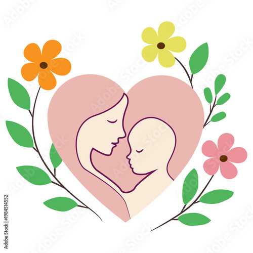 Mother and Baby Silhouette in Heart with Floral Frame