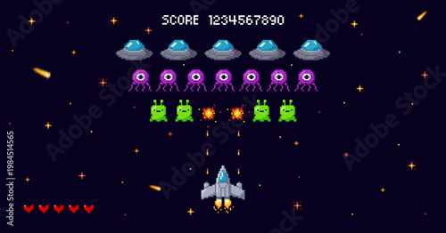 A pixelated space background for an arcade game with a ship shooting at aliens in a starry sky.