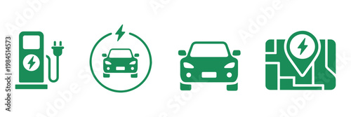 Electric vehicle charging station concept showing car and charging point location on map.