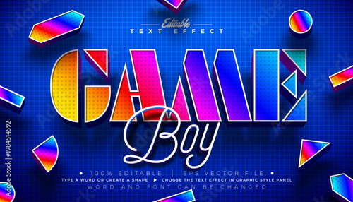 Game Boy Editable Text Effect Design Vector Graphic Style with Scalable 3d Playful Children Creation Typography Lettering on Blue Checkered Background. Premium Leisure and Recreation Illustration