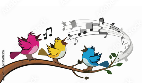 Playful singing birds vector illustration with colorful cartoon birds and musical notes for kids design isolated on white