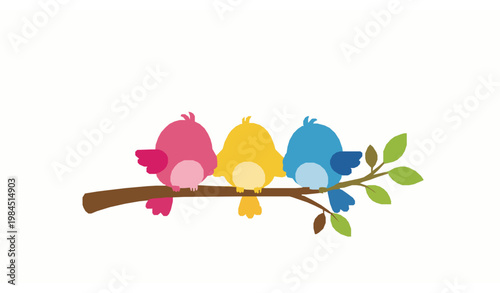 Cute cartoon birds singing on tree branch with colorful musical notes vector illustration for kids isolated on white background