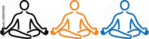Three stylized figures demonstrating meditation poses in different line styles