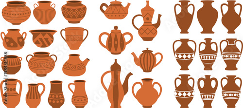Ancient Clay Pottery Vector Collection Featuring Terracotta Amphora Greek Vases And Decorative Ceramic Jars For History And Museum Art Designs