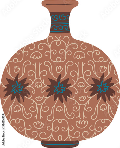Elegant traditional Asian wide vase, vector brown porcelain or clay tableware, vintage oriental pottery floral ornaments