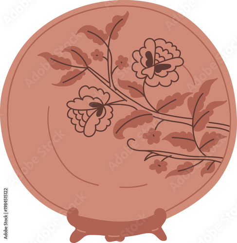 Elegant traditional Asian plate on the stand, vector vintage oriental brown porcelain or clay tableware flowers branch