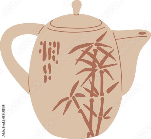 Elegant traditional Asian kettle, teapot, vector vintage oriental porcelain tableware with bamboo tree branch drawing