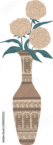 Elegant traditional Asian vase with white flowers, vector porcelain tableware, vintage oriental pottery ornament pattern