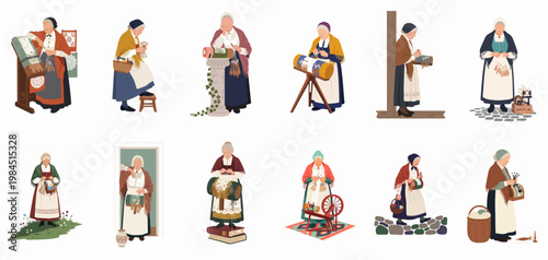 Collection of elderly women in traditional attire practicing the craft of bobbin lace making, isolated on a white background.