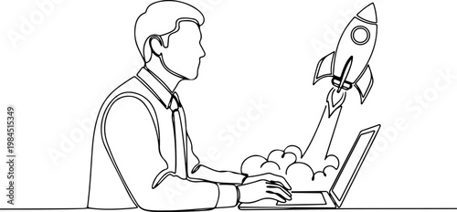 Continuous one line of an entrepreneur launching rocket startup symbol from laptop, representing innovation, new ventures, and business acceleration, style hand drawing vector illustration.