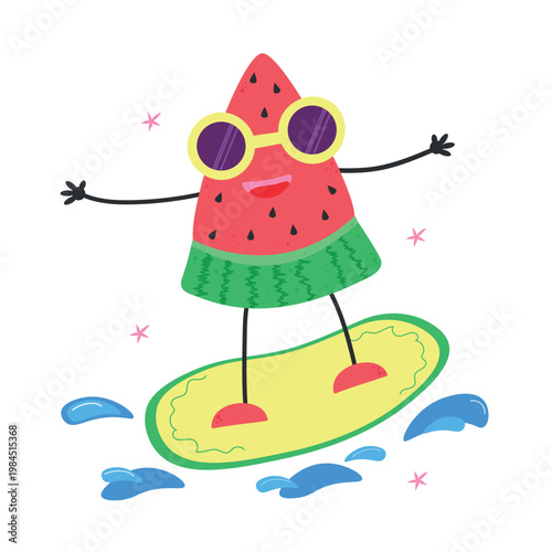 Hand Drawn Cute Watermelon Surfing Character Vector Illustration, Kawaii Summer Cartoon on Surfboard. 