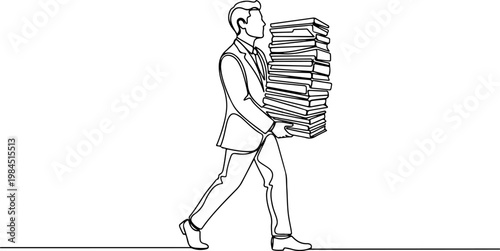 Continuous one line of a businessperson carrying stack of documents and folders, representing administration, workflow, and organization, style hand drawn vector illustration.