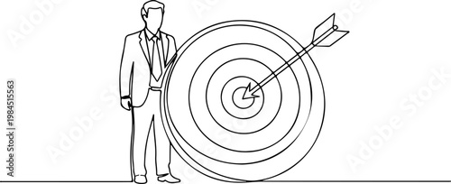 Continuous one line of a businessperson standing beside target board with arrow hit center, representing goals, focus, and strategic achievement, style hand drawn vector illustration.